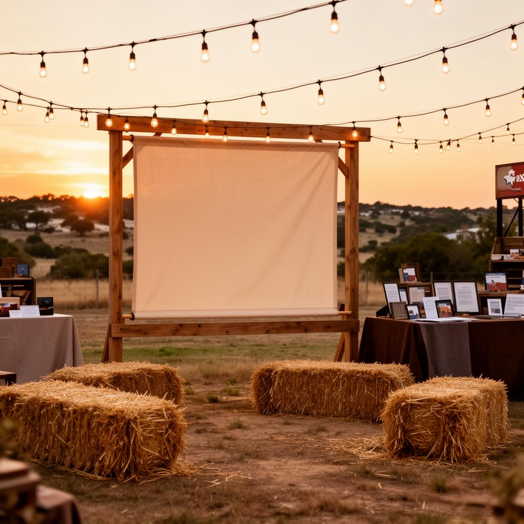 Rustic Texas hill country expo booth at golden hour