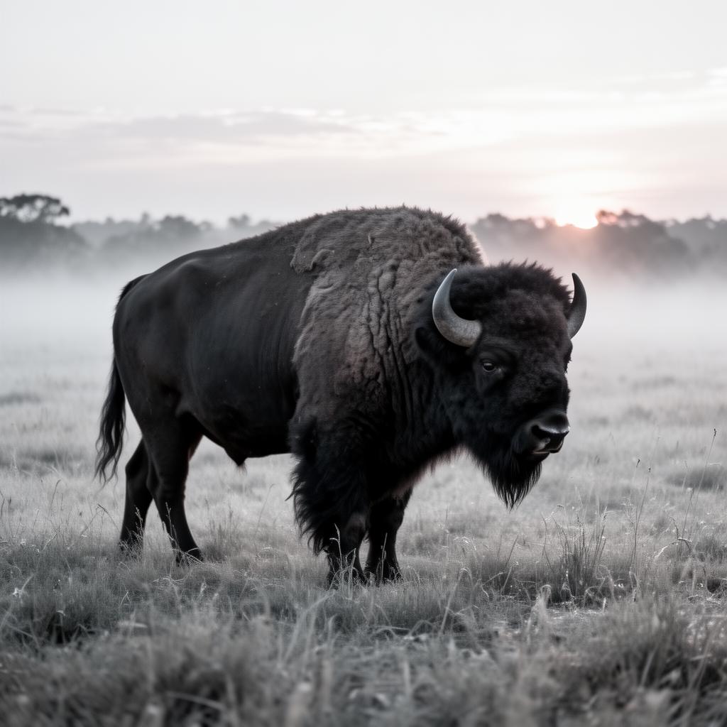 Texas bison in misty prairie at dawn, silver tones