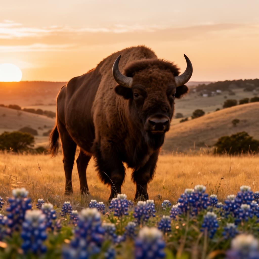 Texas bison in bluebonnet field at sunrise