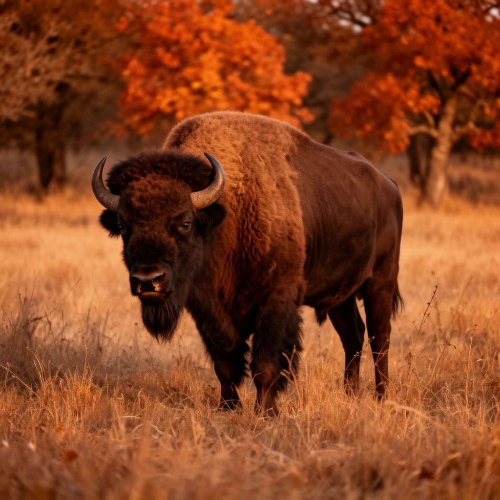 Texas bison in autumn grassland with bronze and copper tones