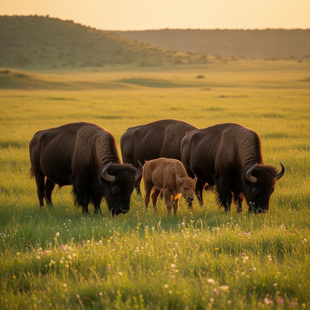 Texas bison herd with calf grazing in prairie at golden hour