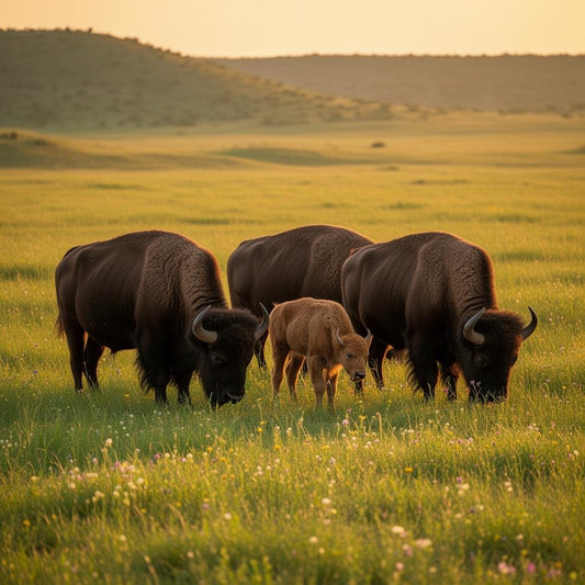 Texas bison herd with calf grazing in prairie at golden hour