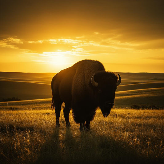 Texas bison silhouetted against golden sunset