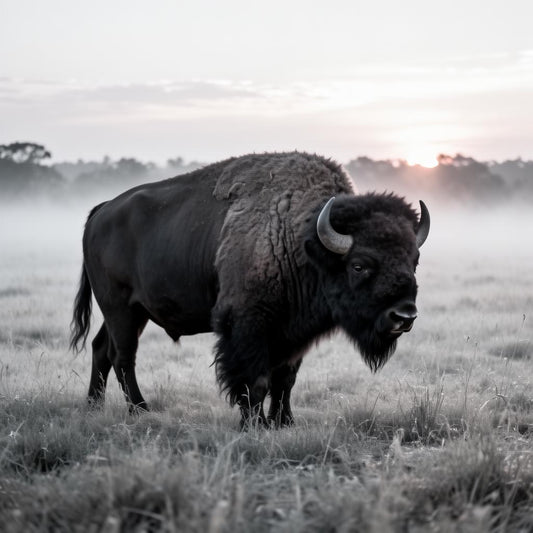 Texas bison in misty prairie at dawn, silver tones